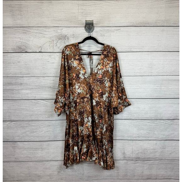 Aakaa Plus Size Tan Floral V-Neck Satin Statement Hem Waisted Dress Size 3X - Picture 1 of 9